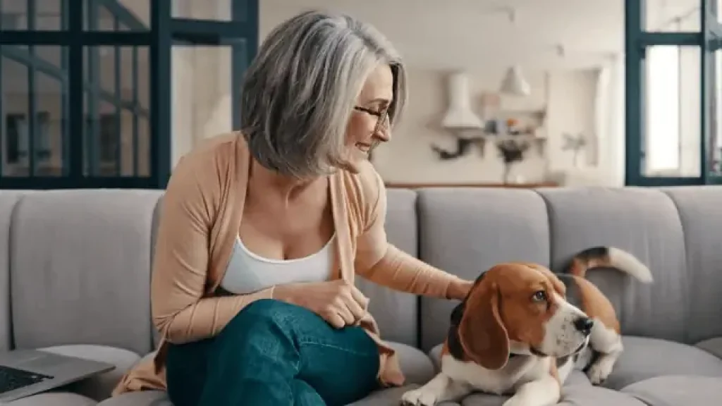 cheerful senior woman sitting on the sofa with dog