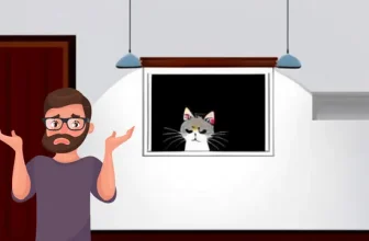 an illustration of a man shrugging while cat in backgorund annoyed doesn't like to cuddle