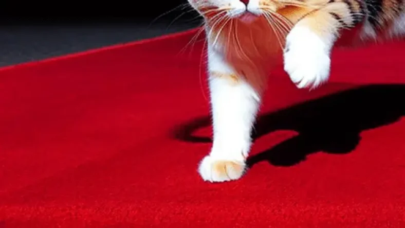 cat walking on a red carpet