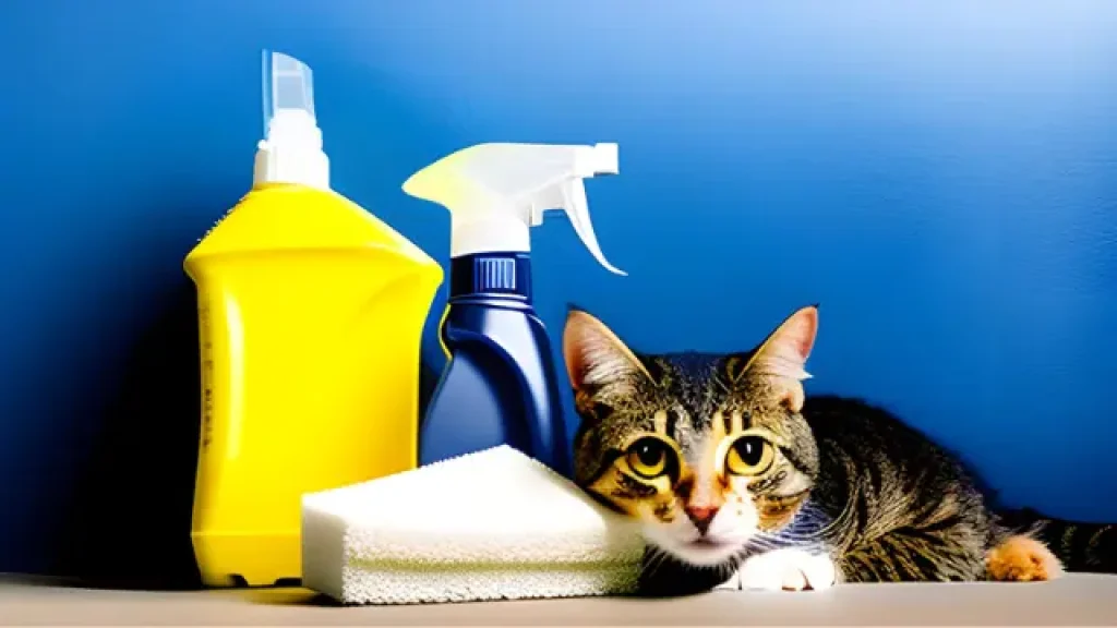 A cat beside spray bottle and cleaning tools