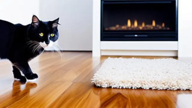 A cat standing on a laminated floor beside a fireplace, AI generated