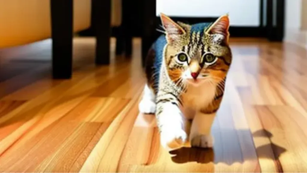 A cat walking on a laminated floor, AI generated