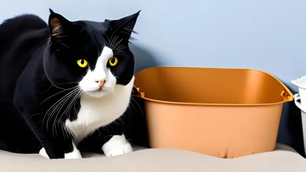Black cat beside a litter box