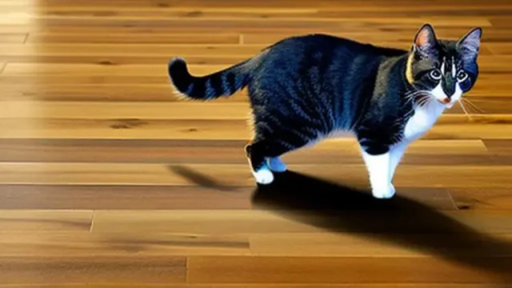 Black cat standing on a laminated floor, AI generated