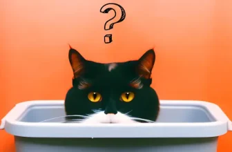 cat in a litter box with a question box above its head