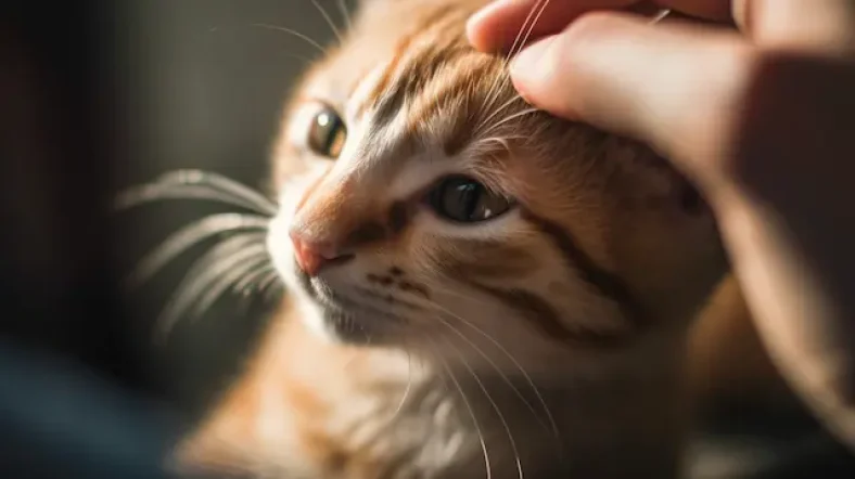 An individual gently stroking a feline companion