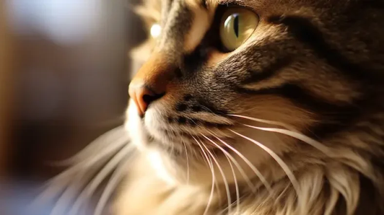 A close-up image of a cat with long whiskers