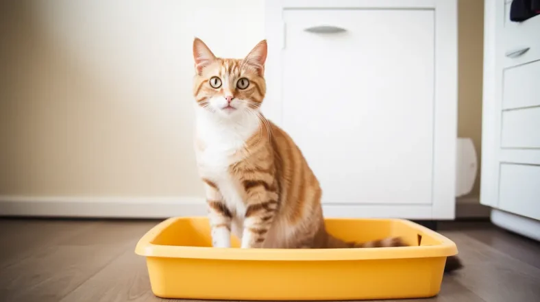 a lovely cat using the litter box