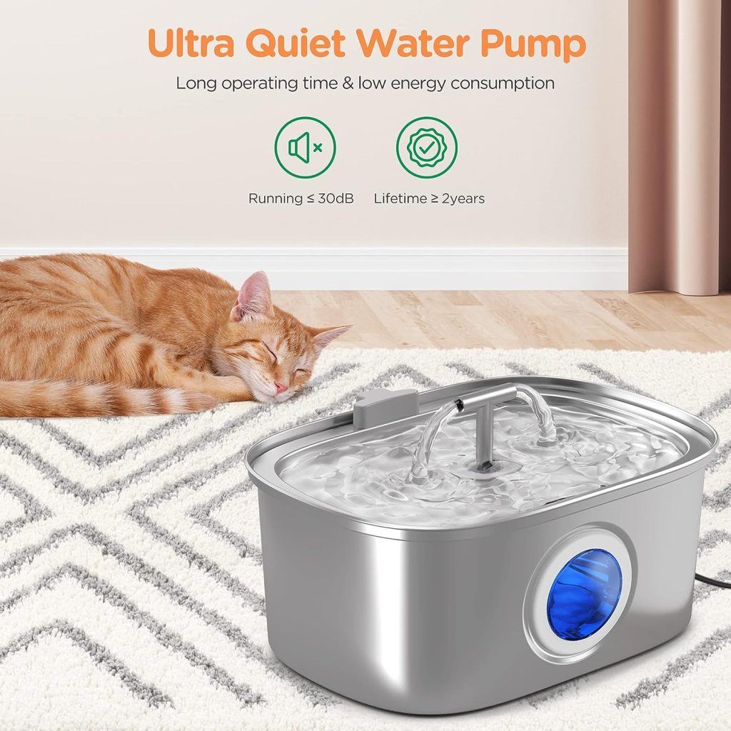 Cat Water Fountain Stainless Steel: 108oz/3.2L Automatic Pet Water Fountain Dog Water Dispenser with Water Level Window - for Cats Inside