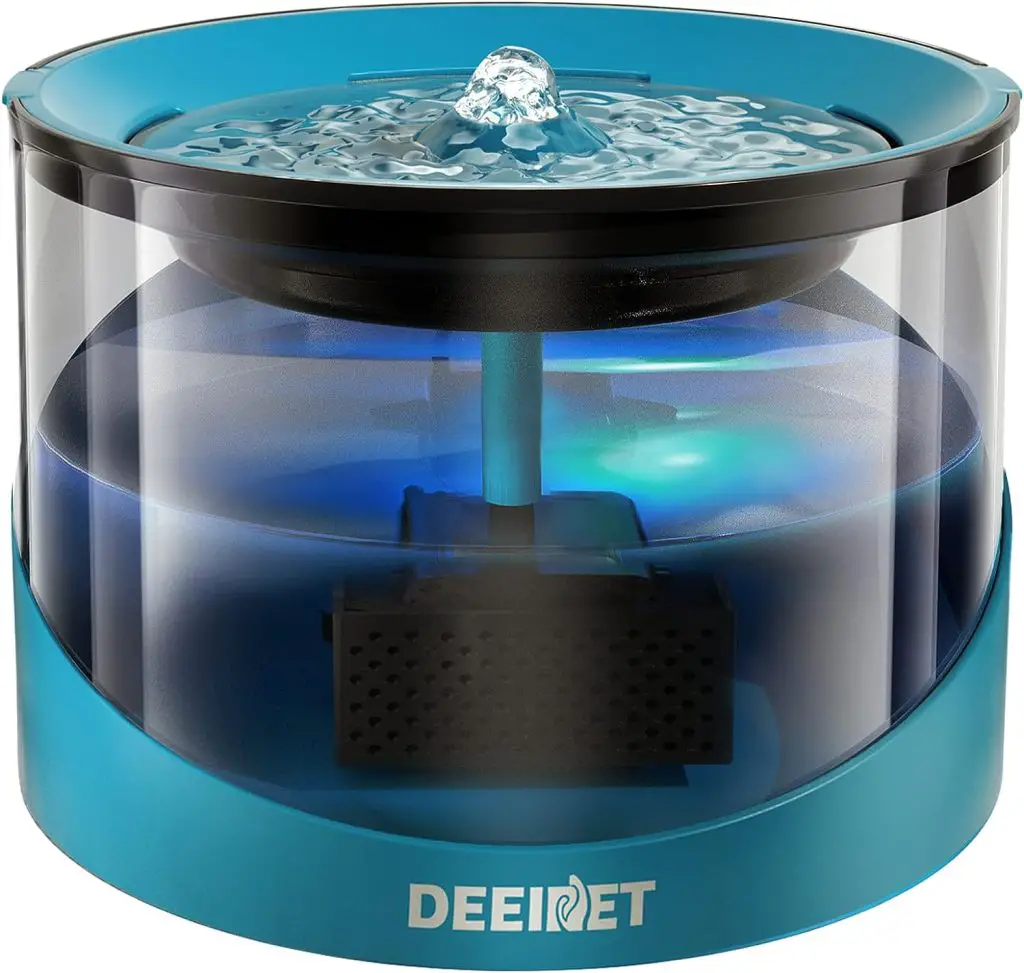 DEEIPET Fountain, 2.2L/74oz Ultra Quiet Water Bowl with Filter, Automatic Fountain with an Adapter and Colorful LED Indicator, for Dogs, and Small Pets