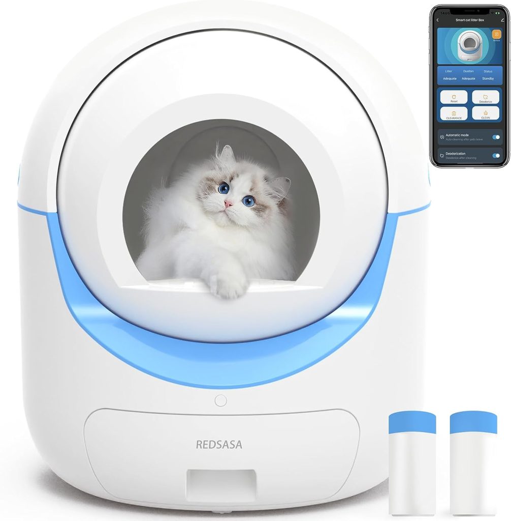 REDSASA Self-Cleaning Cat Litter Box, Automatic Cat Litter Box for Multi Cats, Smart Safety Protection Cat Litter Robot, Large Capacity Litter Cat Box with Trash Bag Roll, Odor Isolation/APP Control