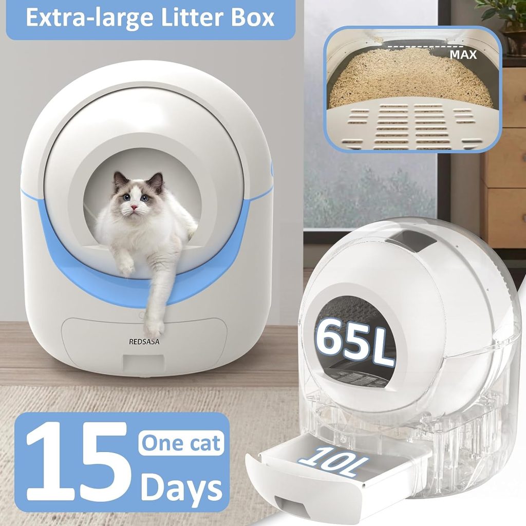 REDSASA Self-Cleaning Cat Litter Box, Automatic Cat Litter Box for Multi Cats, Smart Safety Protection Cat Litter Robot, Large Capacity Litter Cat Box with Trash Bag Roll, Odor Isolation/APP Control