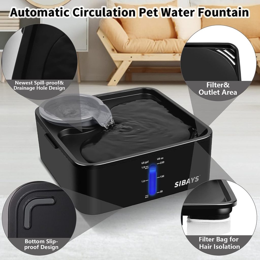 SIBAYS 230OZ 1.8GAL 7L Dog Water Fountain for Large Dogs, Medium Dogs and Cats Automaticlly Super Quiet No Spill,Pet Water Fountain for Cats,5 Layer Filter, Visible Water Reminder BPA-Free Material