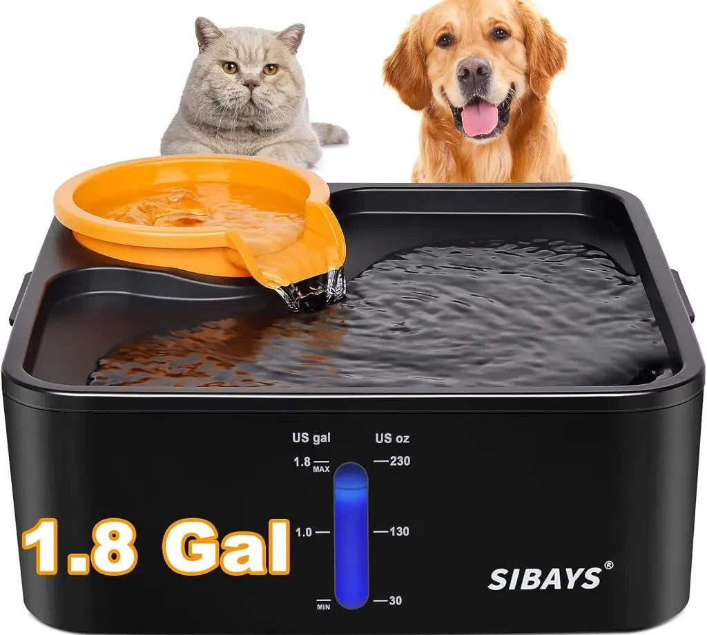 SIBAYS Dog Water Fountain for Large Dogs,1.8GAL Water Bowl Dispenser with 5 Layer Filter, Automatic Super Quiet Overflow Protection with Visible Water Level Drinking-Safe Material