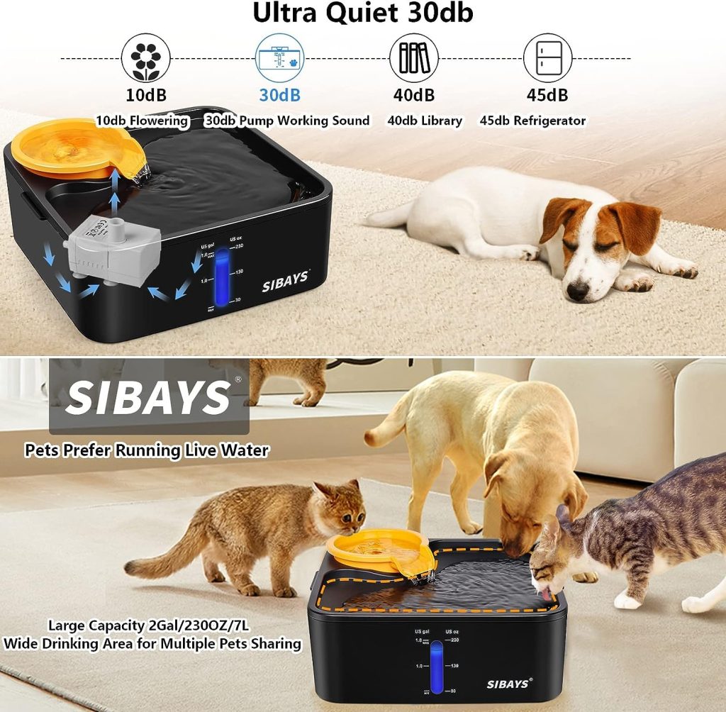 SIBAYS Dog Water Fountain for Large Dogs,1.8GAL Water Bowl Dispenser with 5 Layer Filter, Automatic Super Quiet Overflow Protection with Visible Water Level Drinking-Safe Material