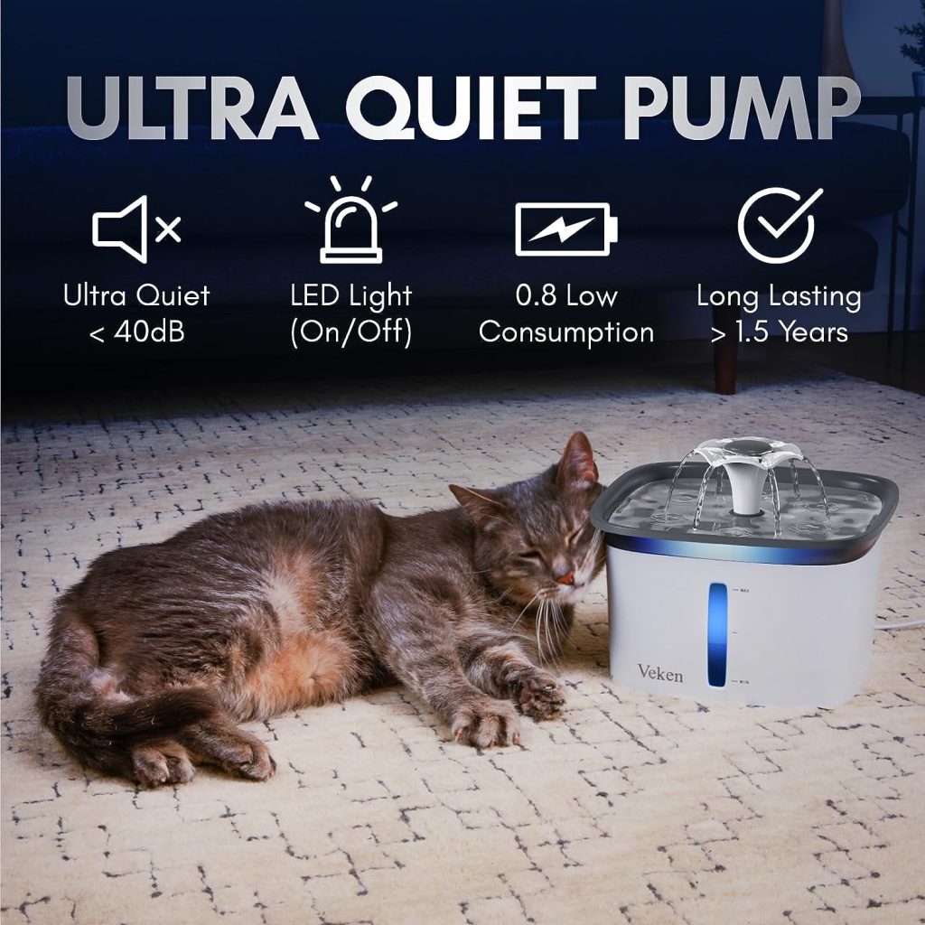 Veken 95oz/2.8L Pet Fountain, Automatic Cat Water Fountain Dog Water Dispenser with Smart Pump for Cats, Dogs, Multiple Pets (Grey, Plastic)