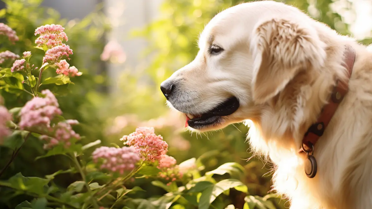 Dog smelling a flower bush